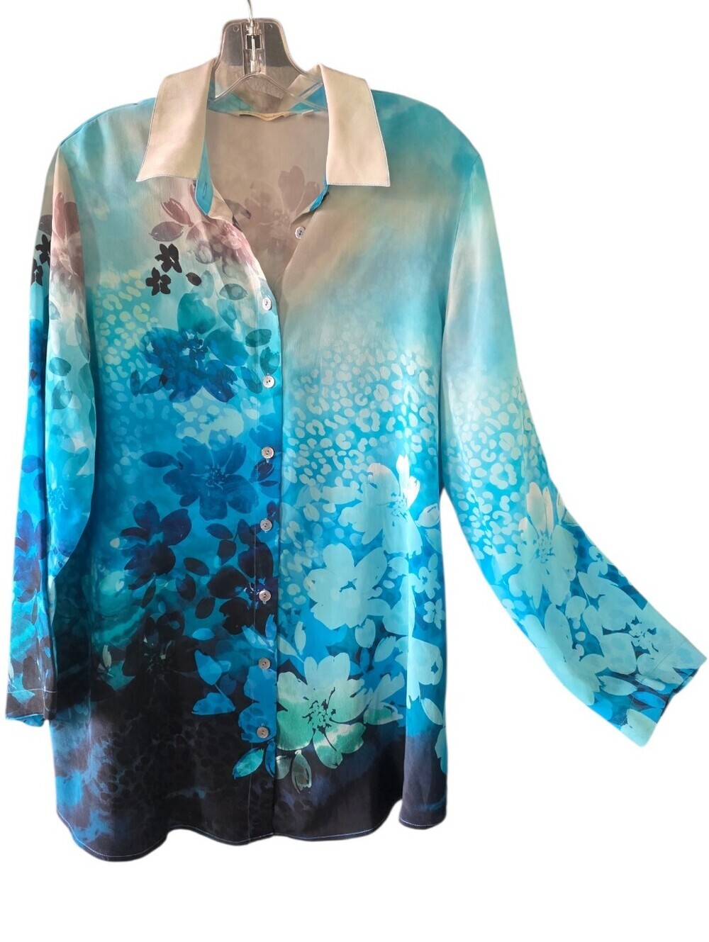 Soft Surroundings Jolene Tunic Blue Watercolor Floral Print Size Medium